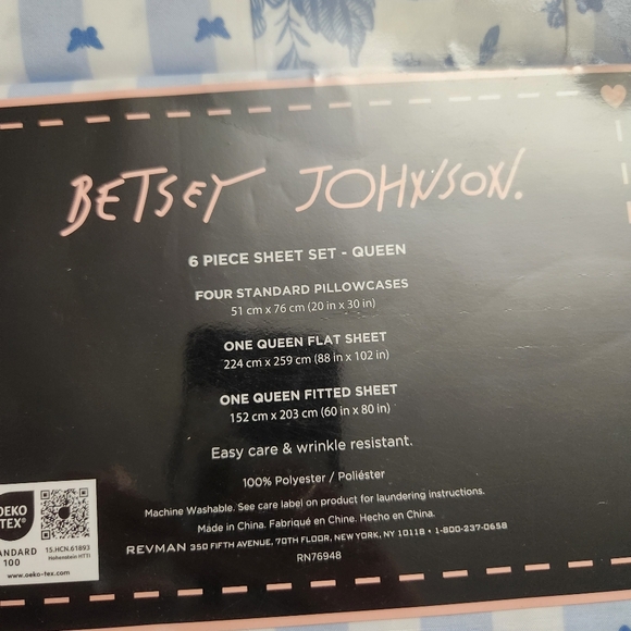 Betsey Johnson 6pc Queen Sheet Set White Blue Butterfly Stripe Floral Chic - Picture 5 of 6